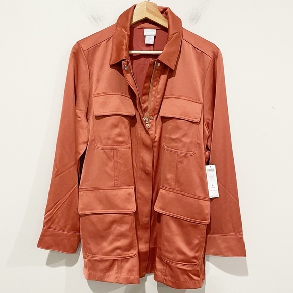 CHICO’S Satin Utility Explorer Jacket Long Sleeve Desert Red NEW Size 2 US 12/14 - Picture 2 of 16